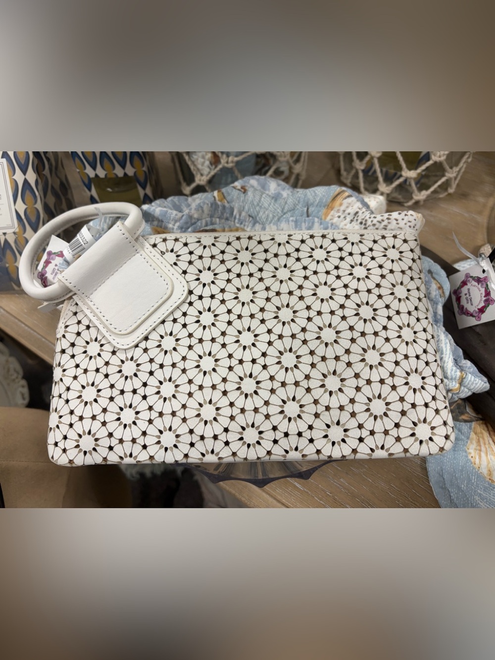 HOBO Sable White Floral Laser-Cut Leather Wristlet